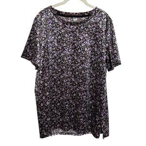 Old Navy Womens Velvet Top Size L Black Purple Ditzy Floral Short Sleeve